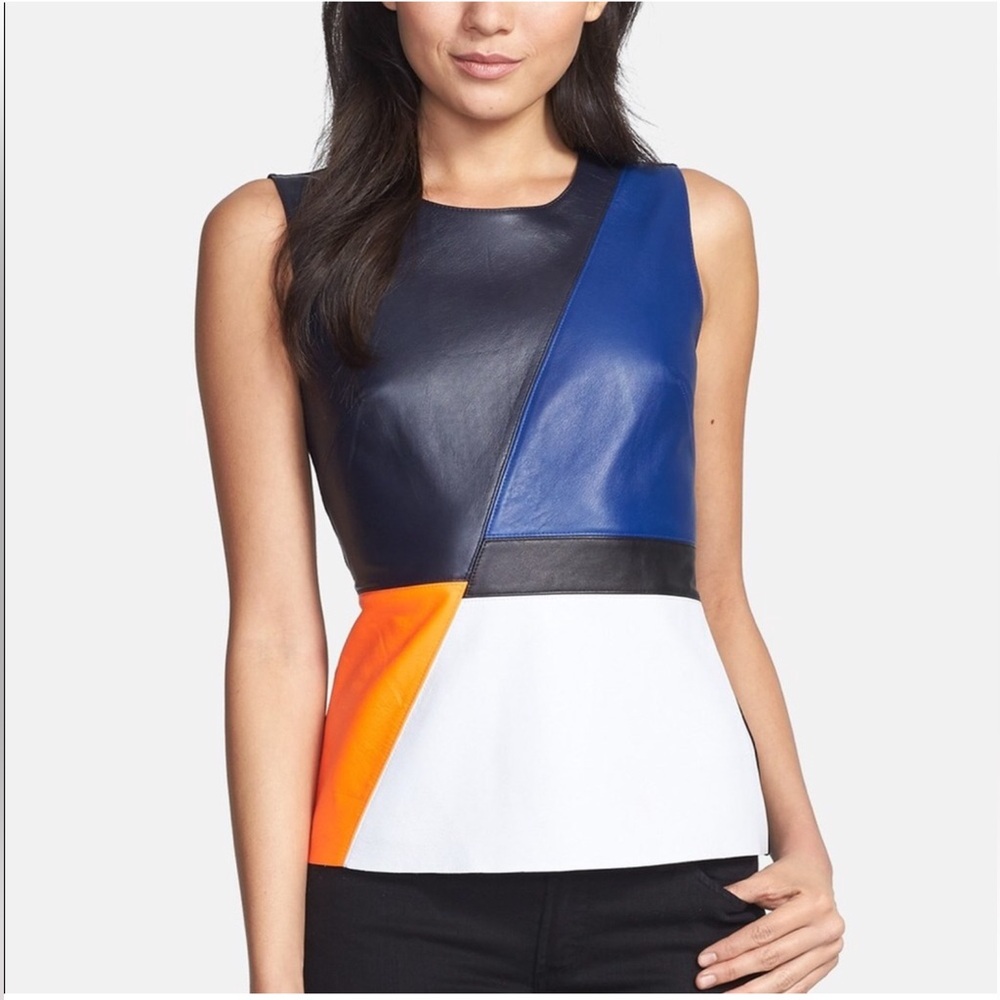 Bailey 44 Leather Colorblock Office Siren Top Y2K 90s Stretch Back XS